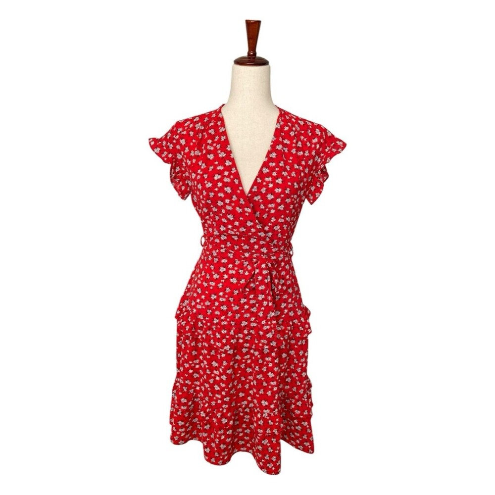 Monteau Red Floral Tie-Waist Ruffle Midi Dress Romantic Cottagecore Boho EUC